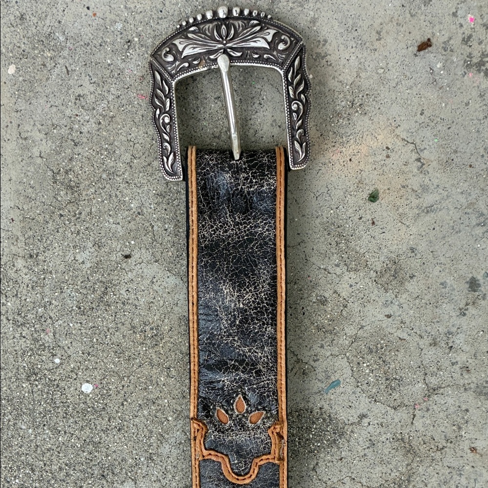 Stetson Black and Brown Leather Belt with Silver Buckle - Picture 9 of 10